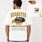 Heemeyer Demolition Inc double-sided graphic tee white male back model with front chest inset