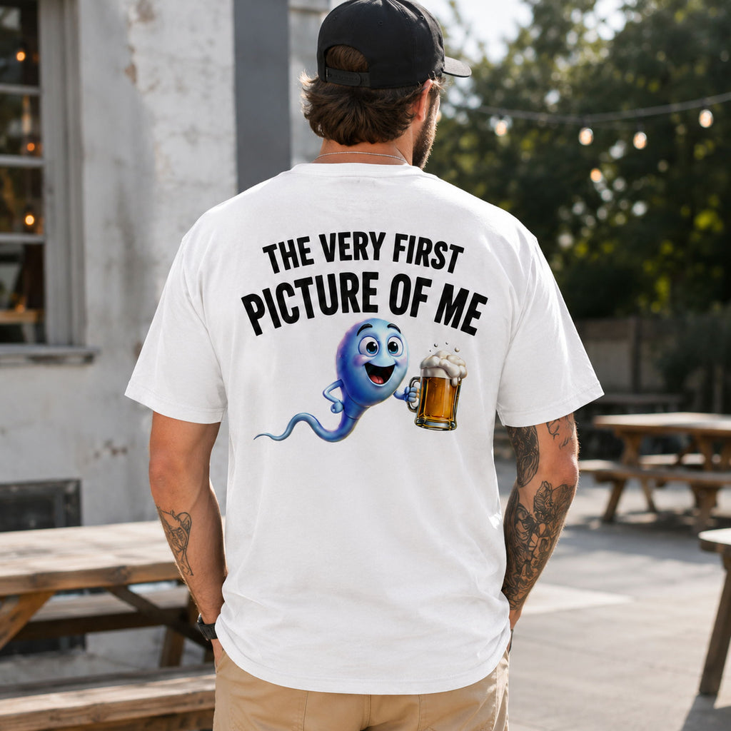 The Very First Picture of Me funny back print graphic tee white male model outdoor lifestyle