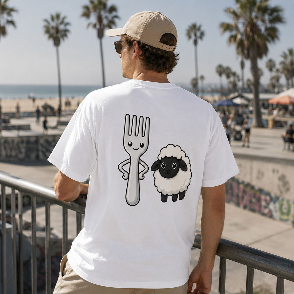 Fork Ewe cute sheep pun graphic tee white back print male model at beach promenade