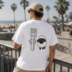 Fork Ewe cute sheep pun graphic tee white back print male model at beach promenade