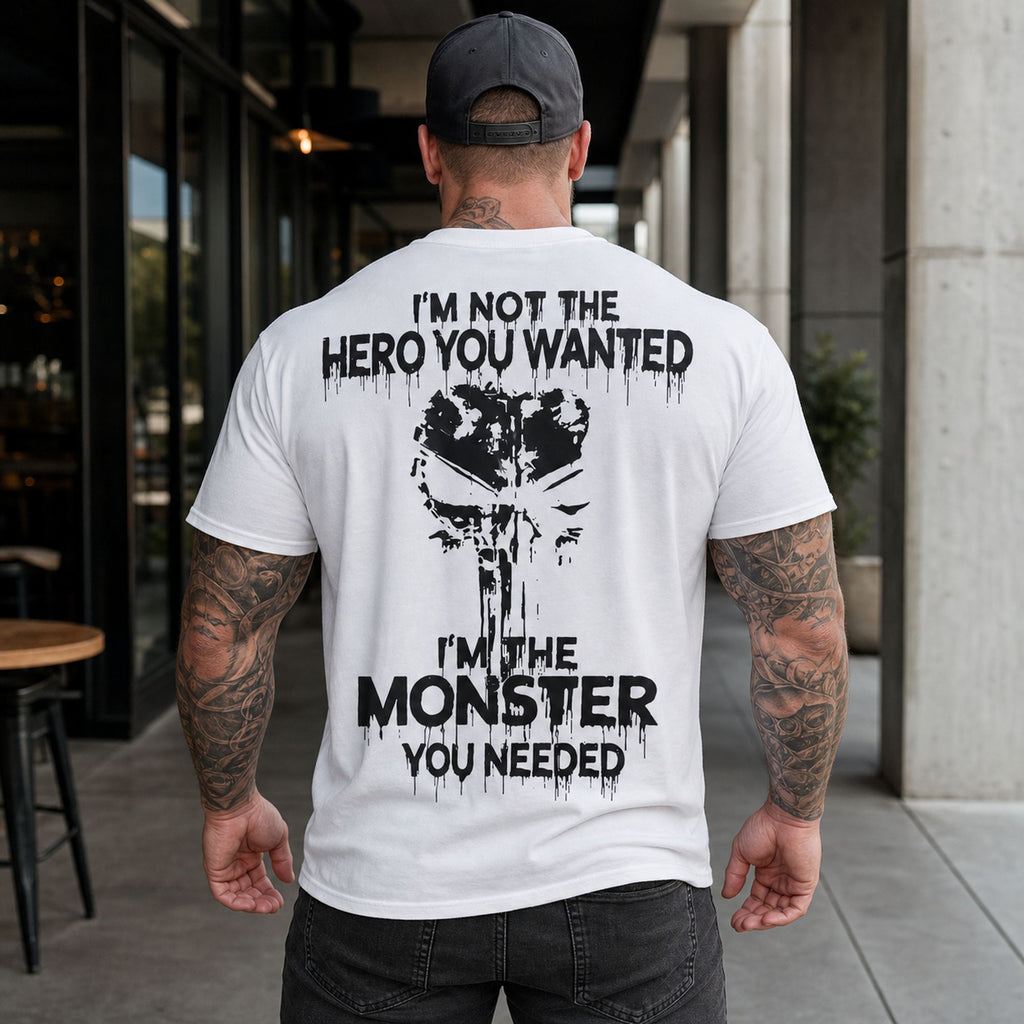 I'm Not the Hero You Wanted monster back print graphic tee white male model