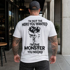 I'm Not the Hero You Wanted monster back print graphic tee white male model