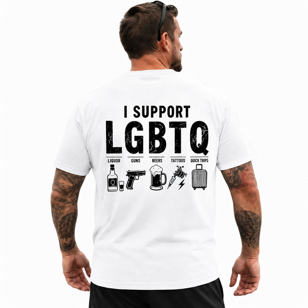 I Support LGBTQ funny back print graphic tee white model back view