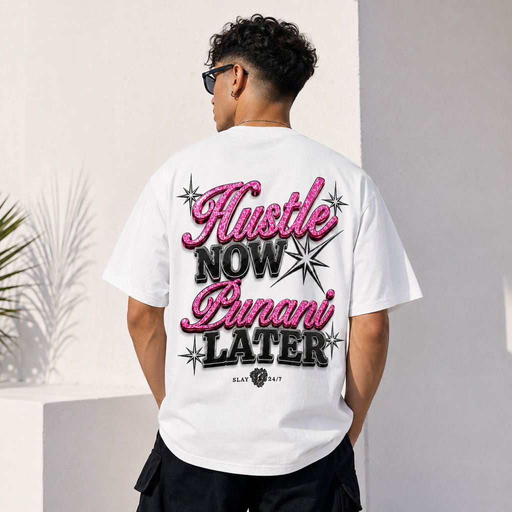 Hustle Now Punani Later funny graphic tee white back print lifestyle model