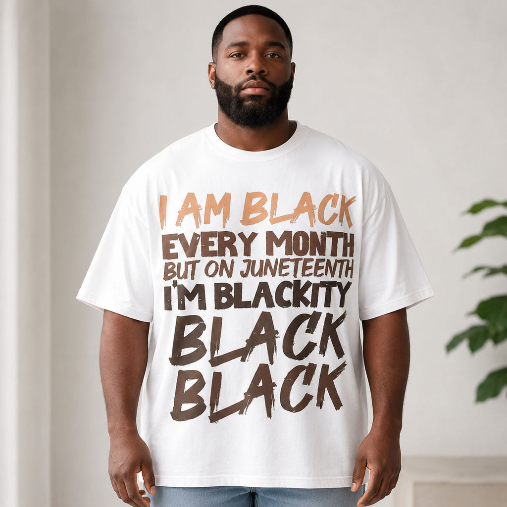 I Am Black Every Month Juneteenth graphic tee white front print lifestyle model