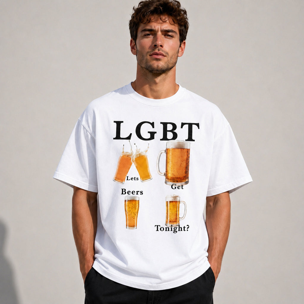 LGBT Let's Get Beers Tonight funny beer graphic tee white front print model