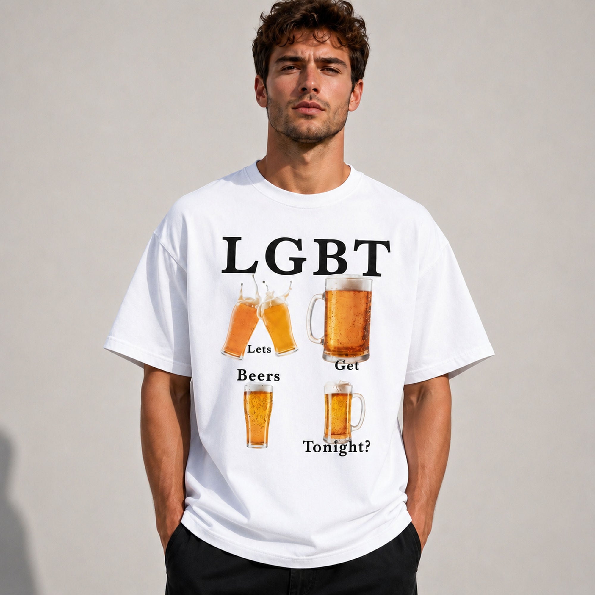 LGBT Let's Get Beers Tonight funny beer graphic tee white front print model