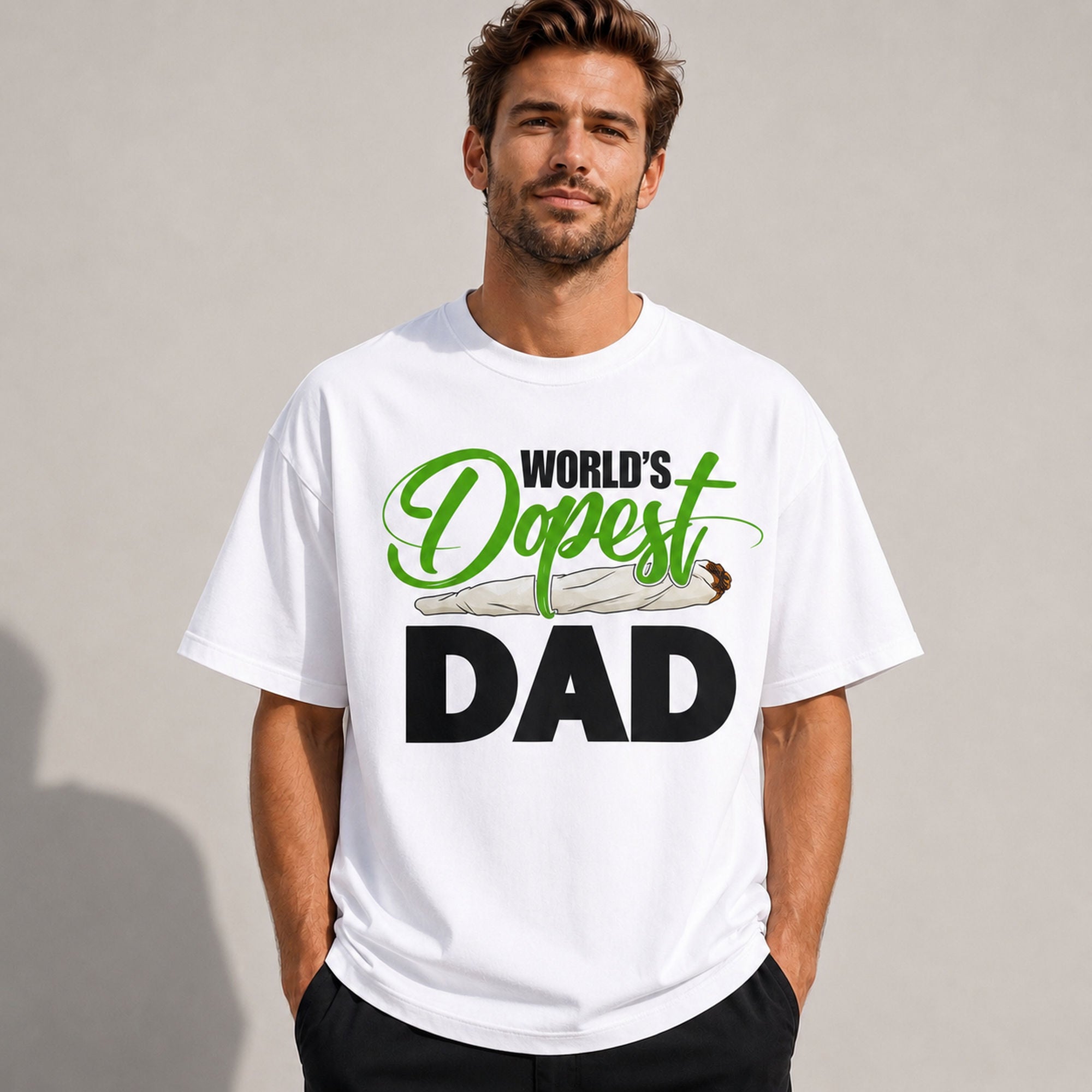 World's Dopest Dad cannabis Father's Day graphic tee white front print model