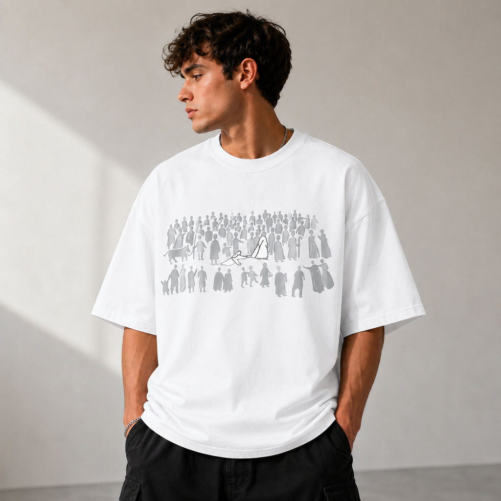 Jesus Among the Crowd white faith graphic tee front print male model