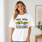 Rock Paper Scissors Rainbow Hands Pride graphic tee white female model