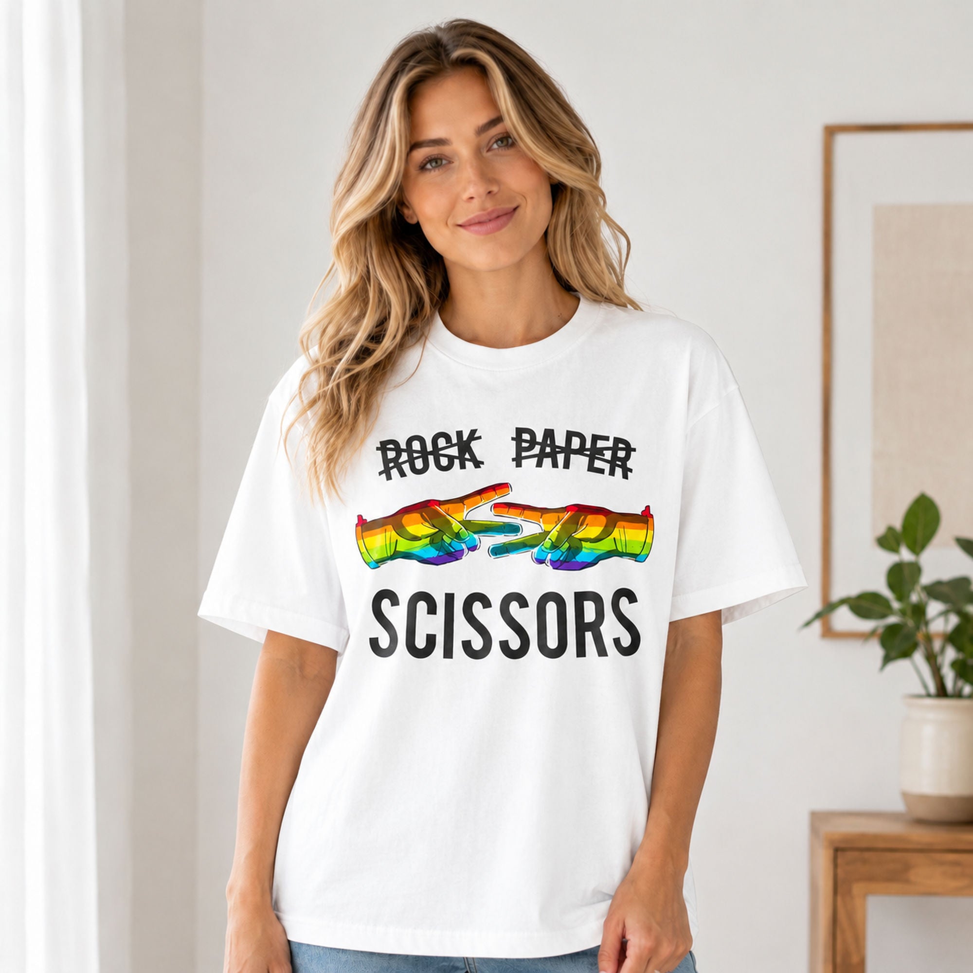Rock Paper Scissors Rainbow Hands Pride graphic tee white female model