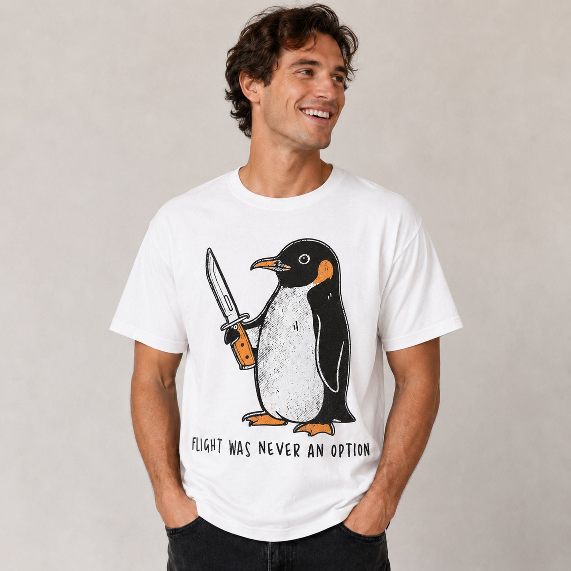 Flight Was Never An Option penguin graphic tee white front model