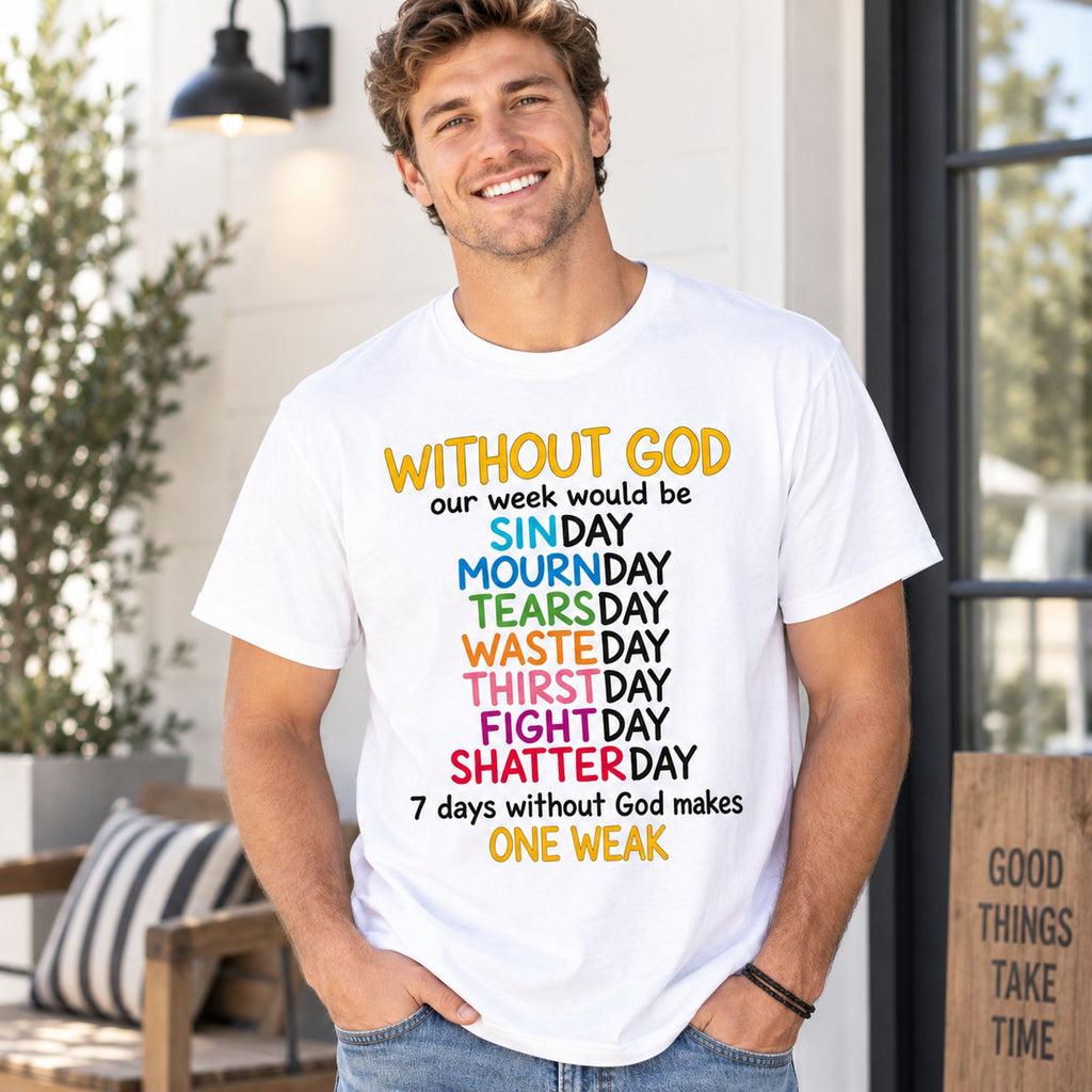 Without God Our Week Would Be One Weak Christian graphic tee white front print male porch lifestyle