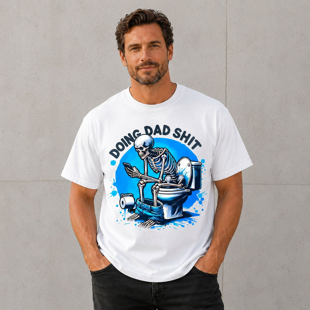 Dad Duty Skeleton Bathroom Break funny dad graphic tee white front print male model