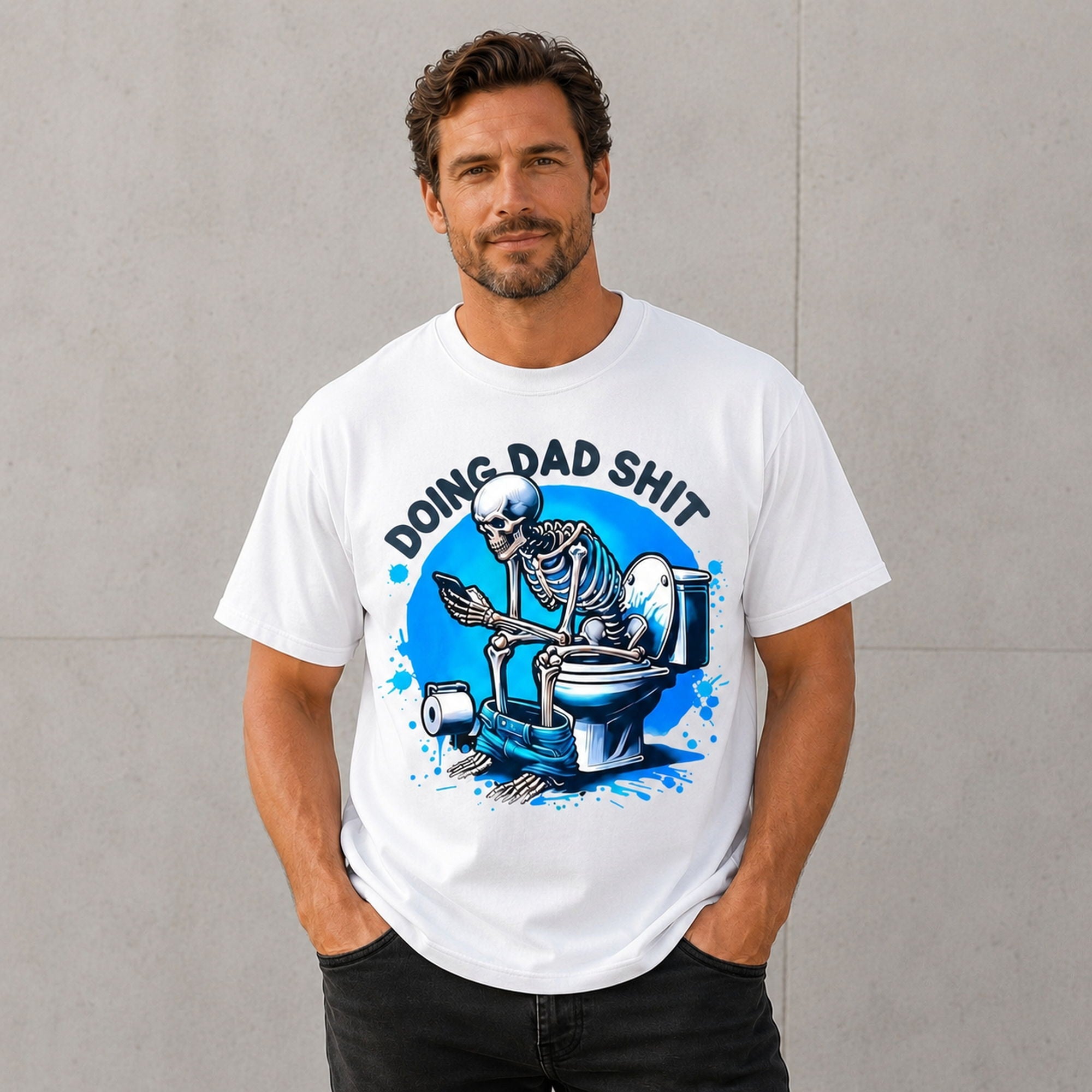 Dad Duty Skeleton Bathroom Break funny dad graphic tee white front print male model