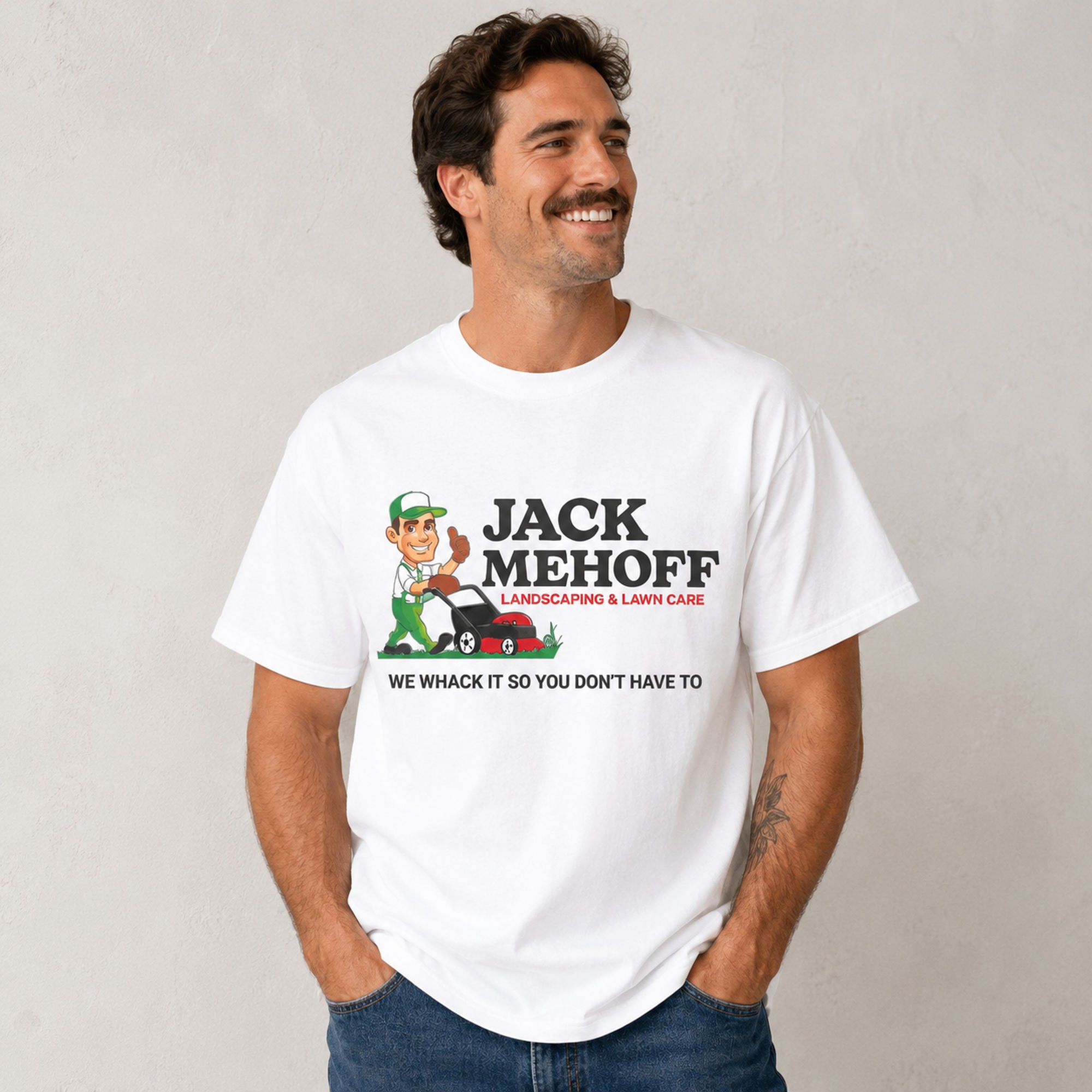 Jack Mehoff Landscaping funny lawn care graphic tee white front print male model