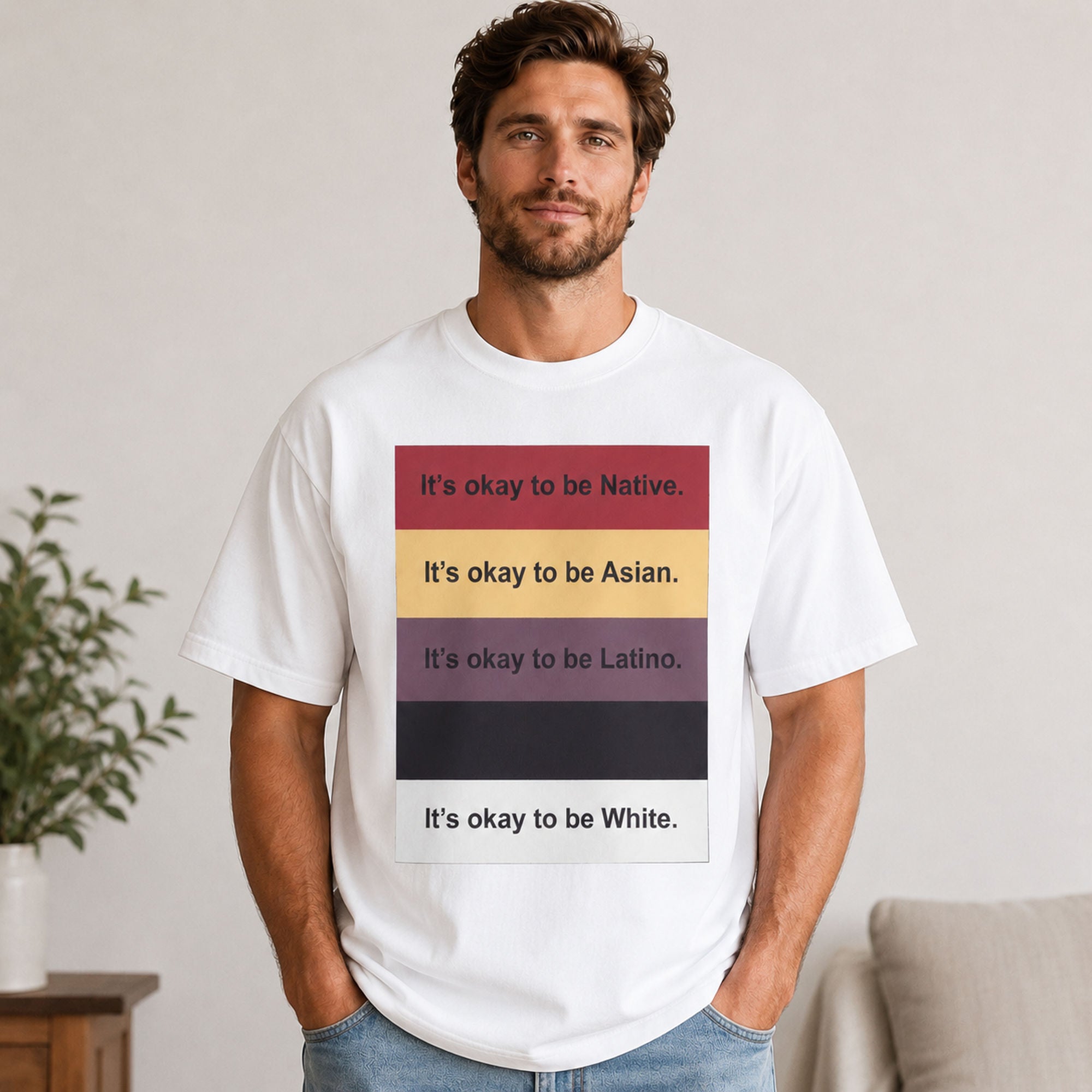 It's Okay To Be Inclusive statement graphic tee white front print model