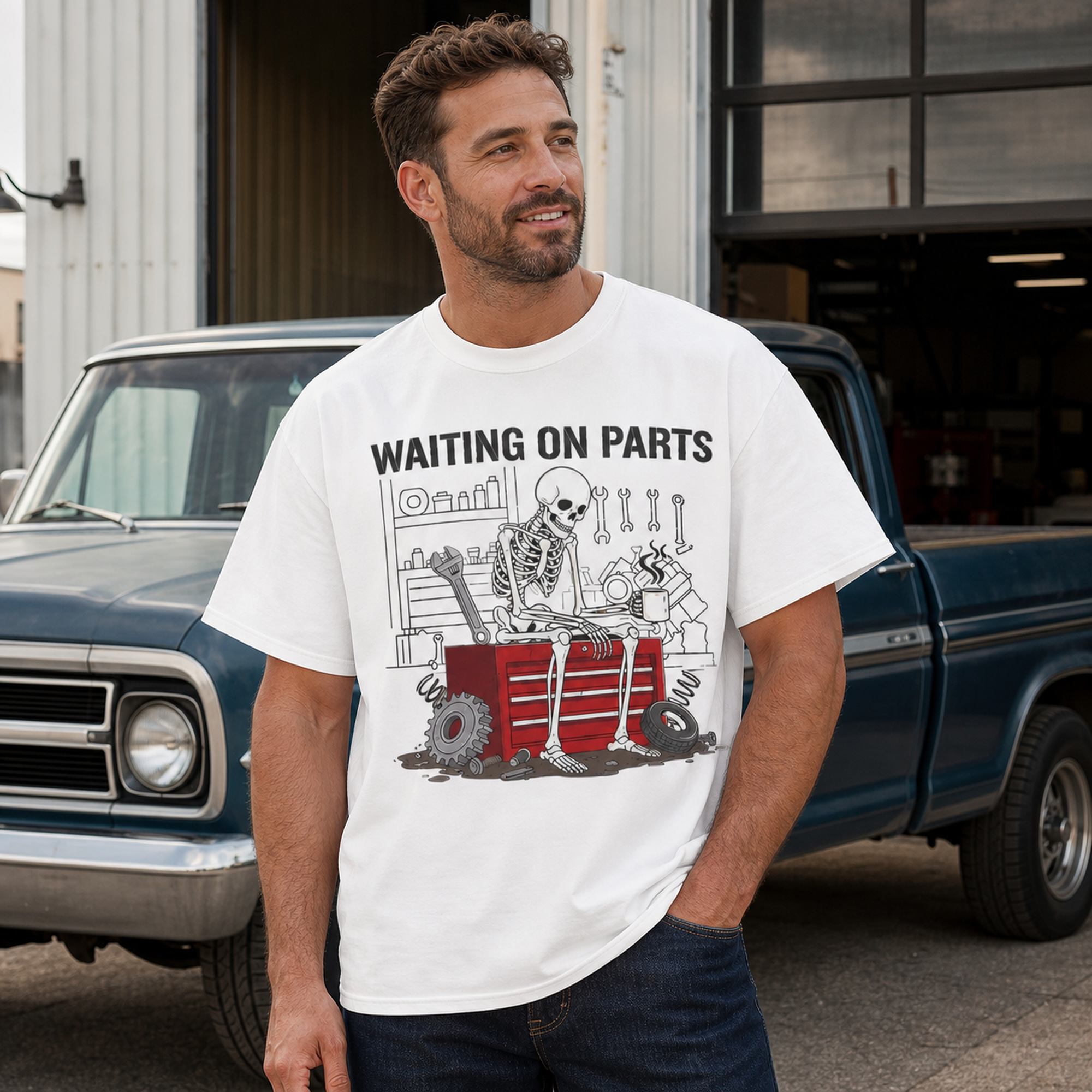 Waiting On Parts mechanic skeleton graphic tee white front male pickup truck model