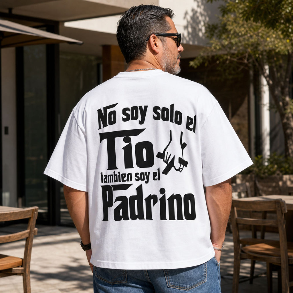Padrino Pride Spanish graphic tee white oversized back print middle-aged male model