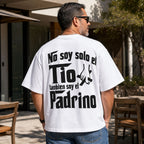 Padrino Pride Spanish graphic tee white oversized back print middle-aged male model