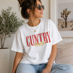 Cuntry horses western graphic tee white front seated lifestyle female model