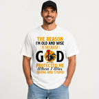 God protected me rooster faith graphic tee white front male model