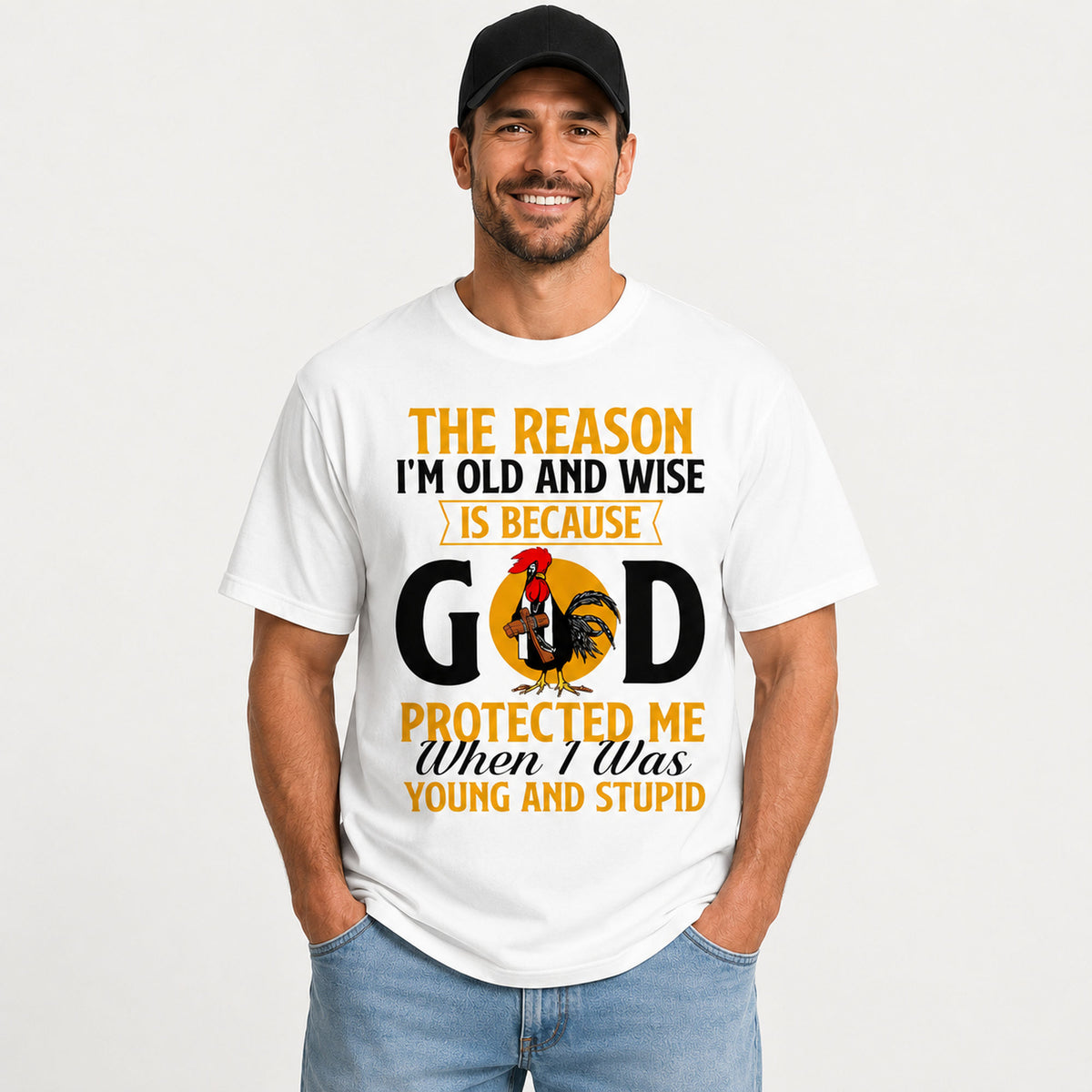 God protected me rooster faith graphic tee white front male model