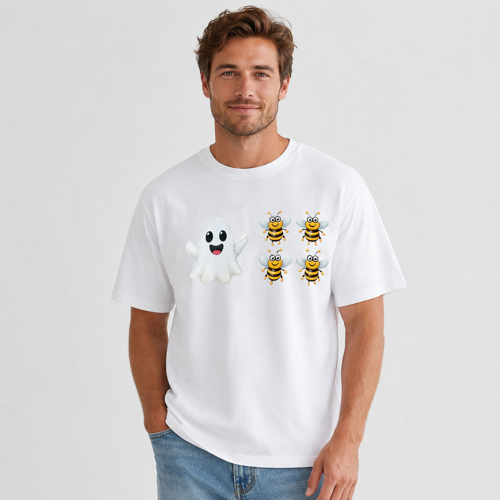 Boo Bees cute ghost and bees Halloween graphic tee white front male model
