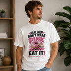 Real Men Don't Wear Pink donut graphic tee white front indoor male model