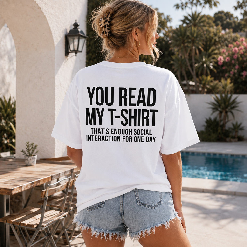 You Read My T-Shirt funny white tee back print poolside female model