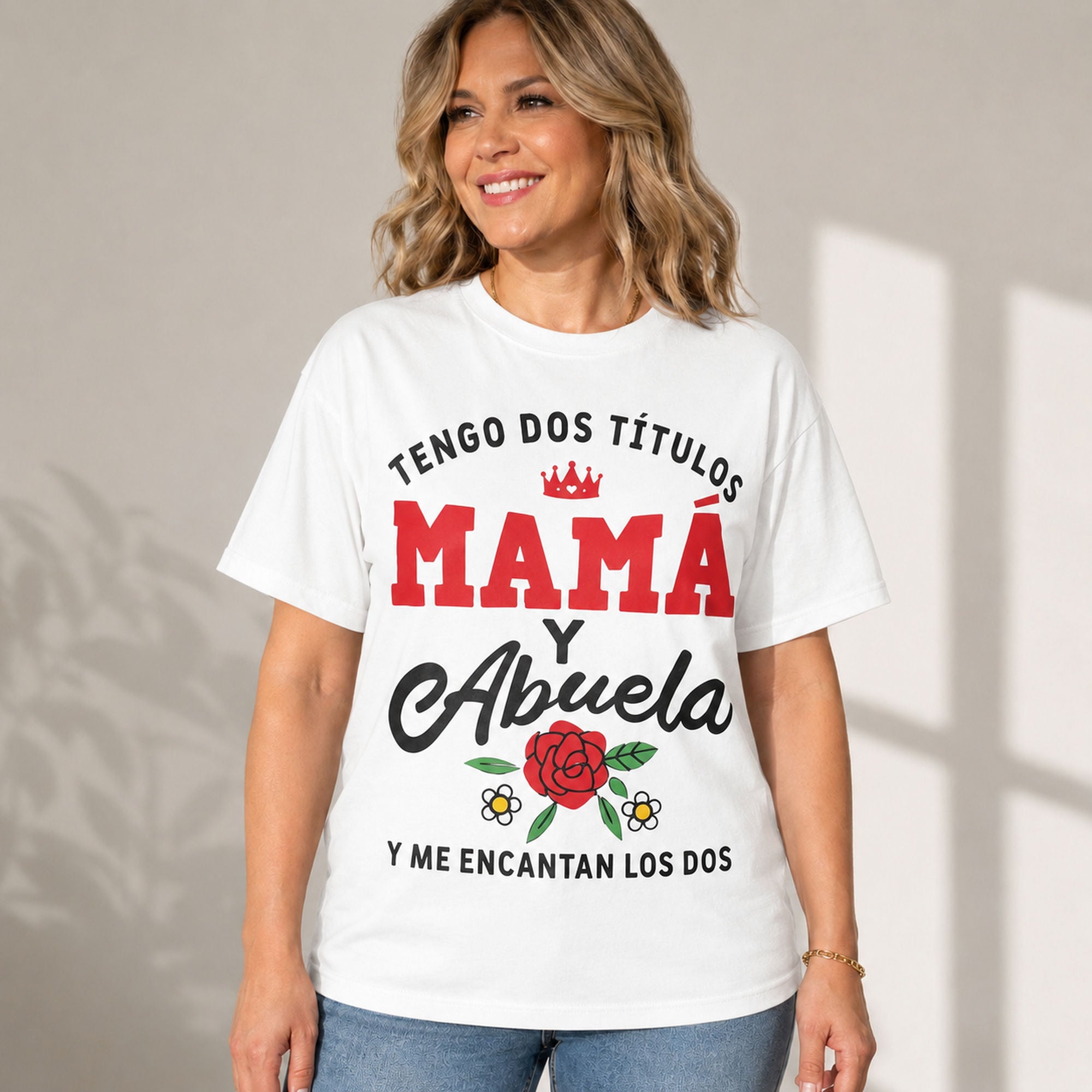 Tengo Dos Titulos Mama Y Abuela Spanish mom grandma graphic tee white front model