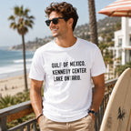 Gulf of Mexico Kennedy Center Lake Ontario political satire white graphic tee beach lifestyle model