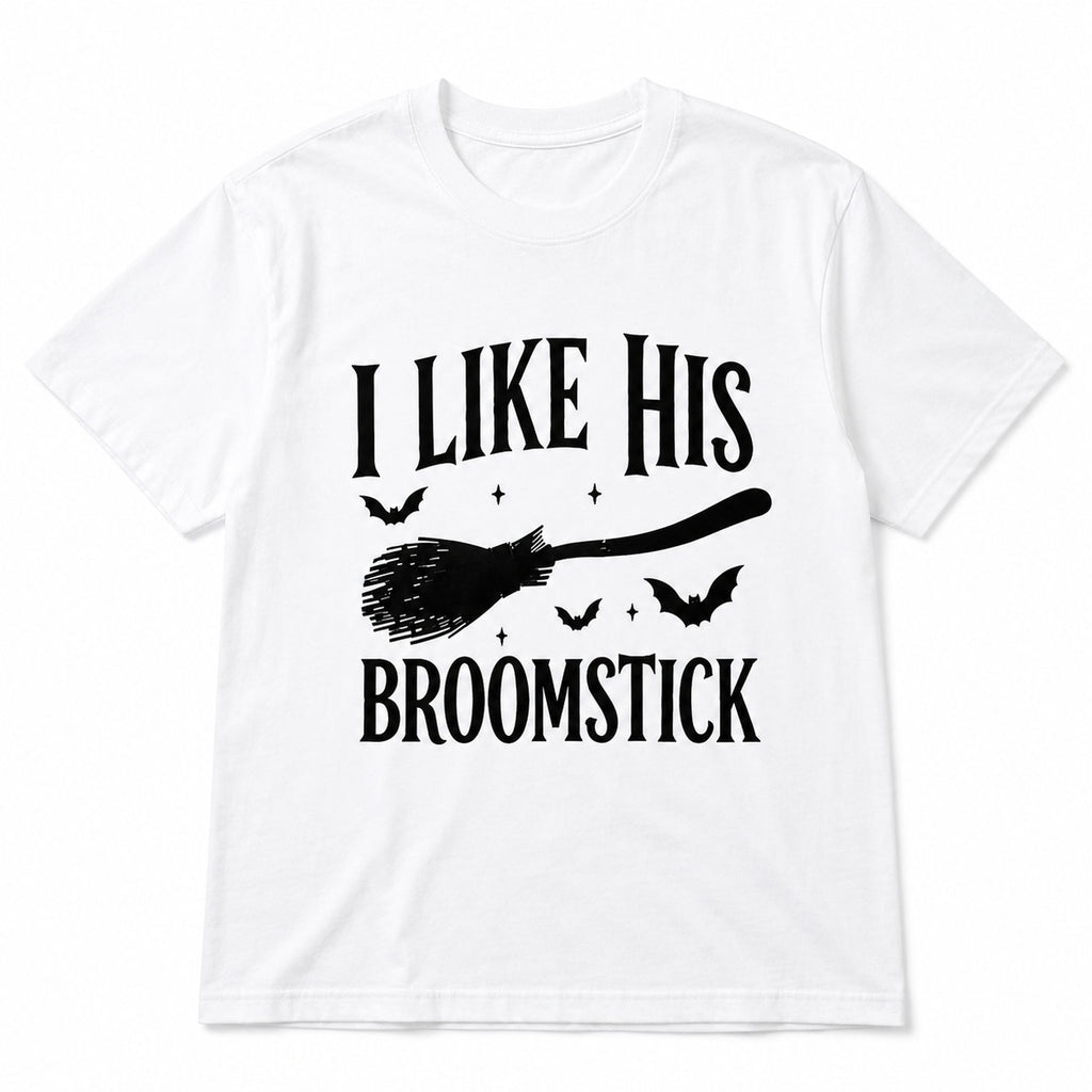 I Like His Broomstick women's white Halloween graphic tee front-print flat lay
