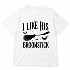 I Like His Broomstick women's white Halloween graphic tee front-print flat lay