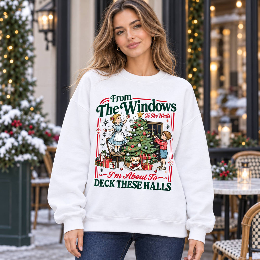 From the Windows Deck These Halls Christmas Graphic Sweatshirt and Tee white front print on model