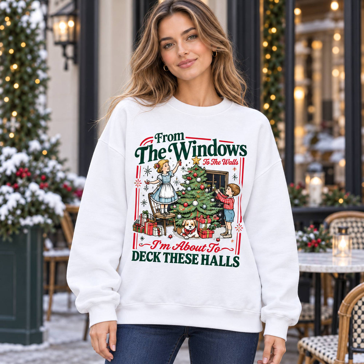 From the Windows Deck These Halls Christmas Graphic Sweatshirt and Tee white front print on model