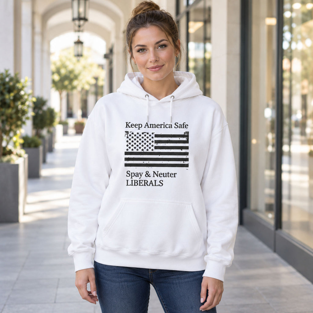 Keep America Safe American flag political satire white hoodie front adult woman model photo