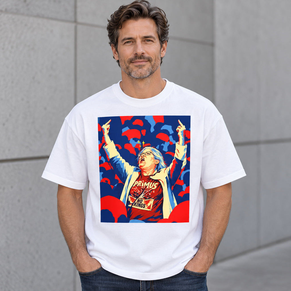 No Kings rebel portrait white T-shirt front adult man model photo
