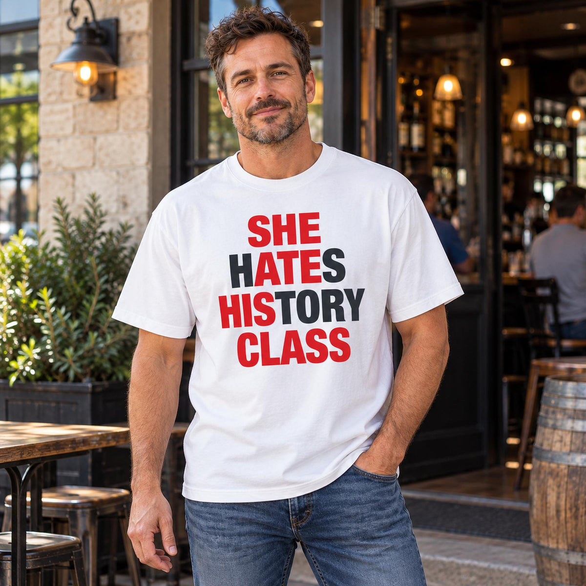 She Hates History Class white T-shirt on a model, showing the red and black front lettering