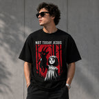 Not Today Jesus gothic horror graphic tee black front print male model