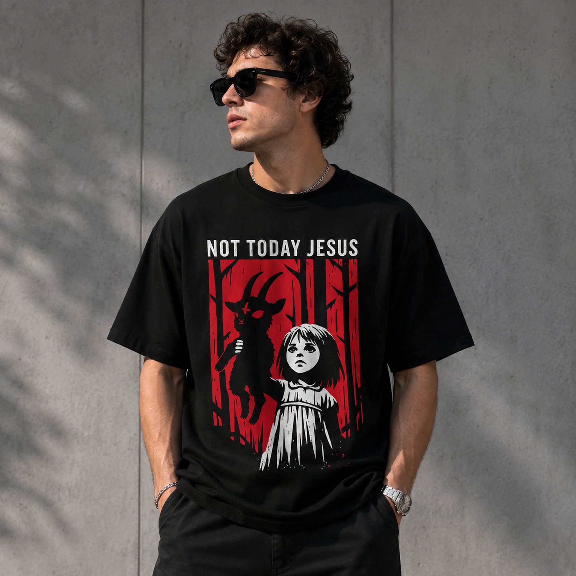 Not Today Jesus gothic horror graphic tee black front print male model