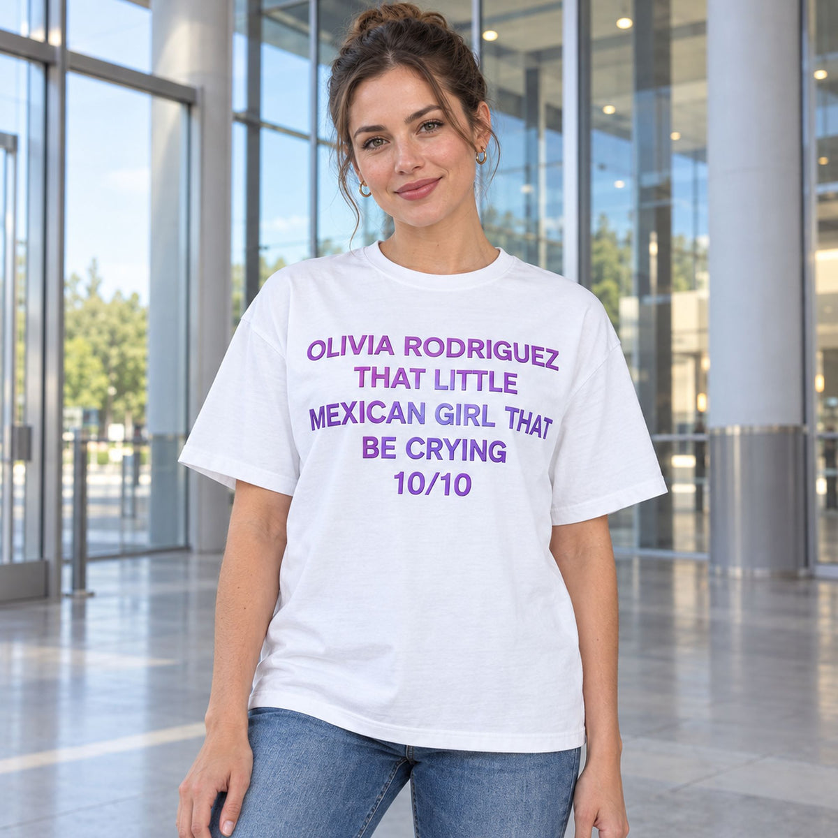 Olivia Rodriguez 10/10 purple text white T-shirt front adult model photo