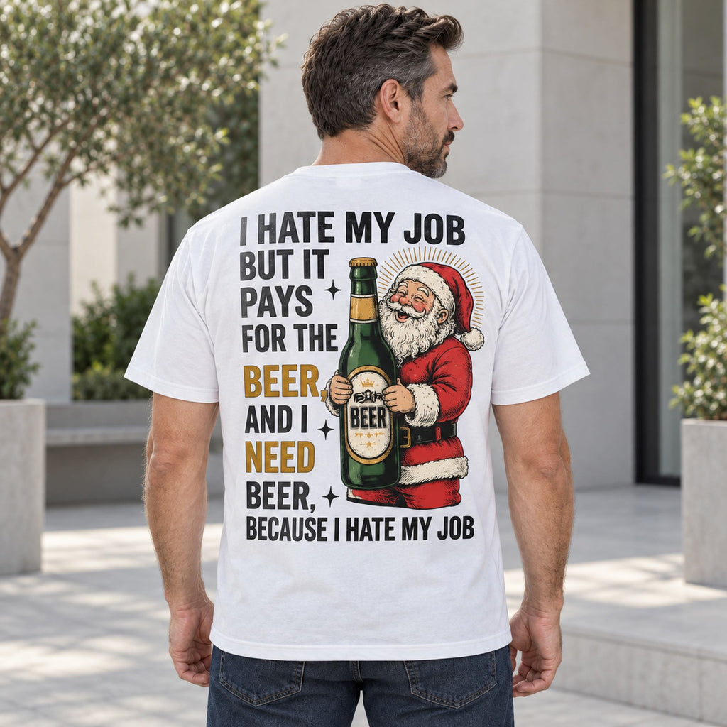 White tee back view on an adult male model showing the stacked work-humor slogan and Santa beer graphic