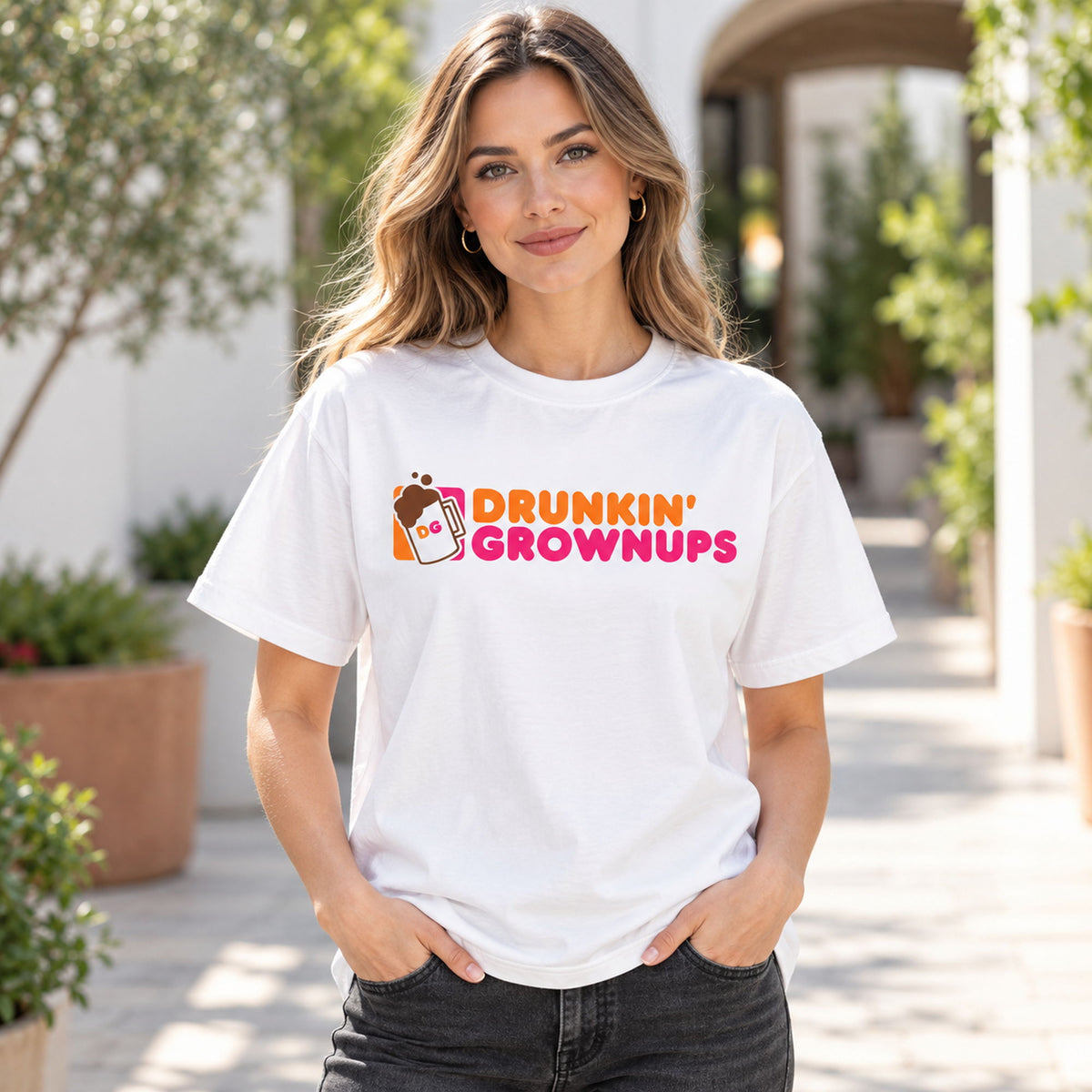 Drunkin Grownups orange and pink lettering with beer mug on white T-shirt front, adult model photo