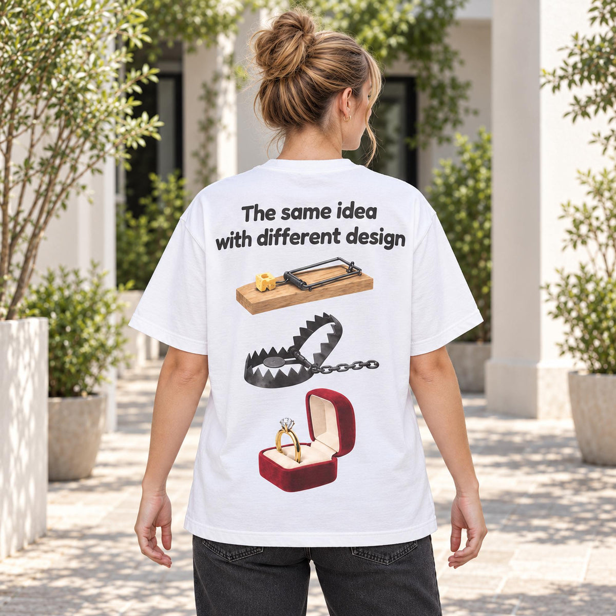 The same idea with different design mousetrap steel trap and ring box graphic on white T-shirt back, adult model photo
