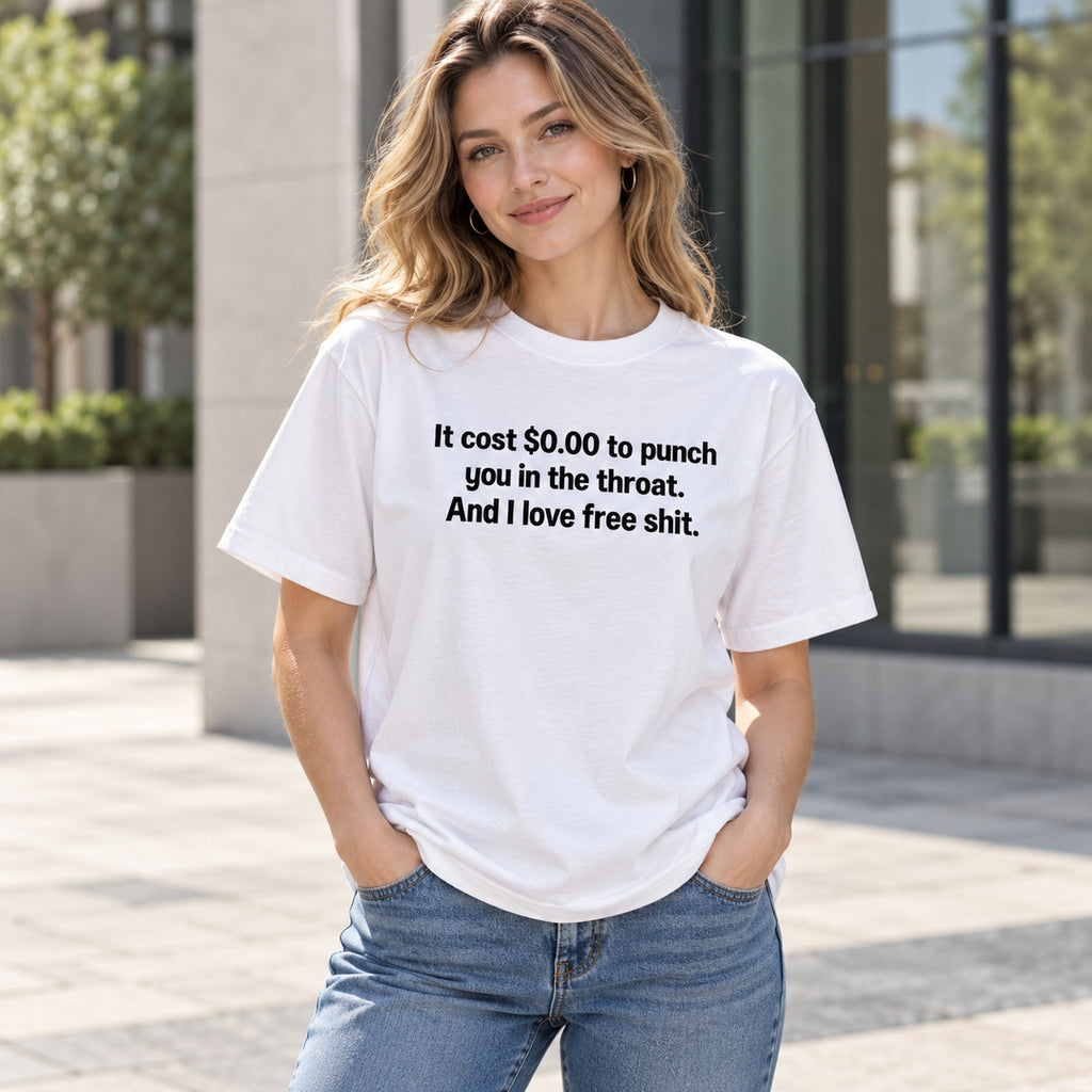 I Love Free Shit original blunt text graphic on white T-shirt front, adult model photo