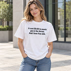 I Love Free Shit original blunt text graphic on white T-shirt front, adult model photo