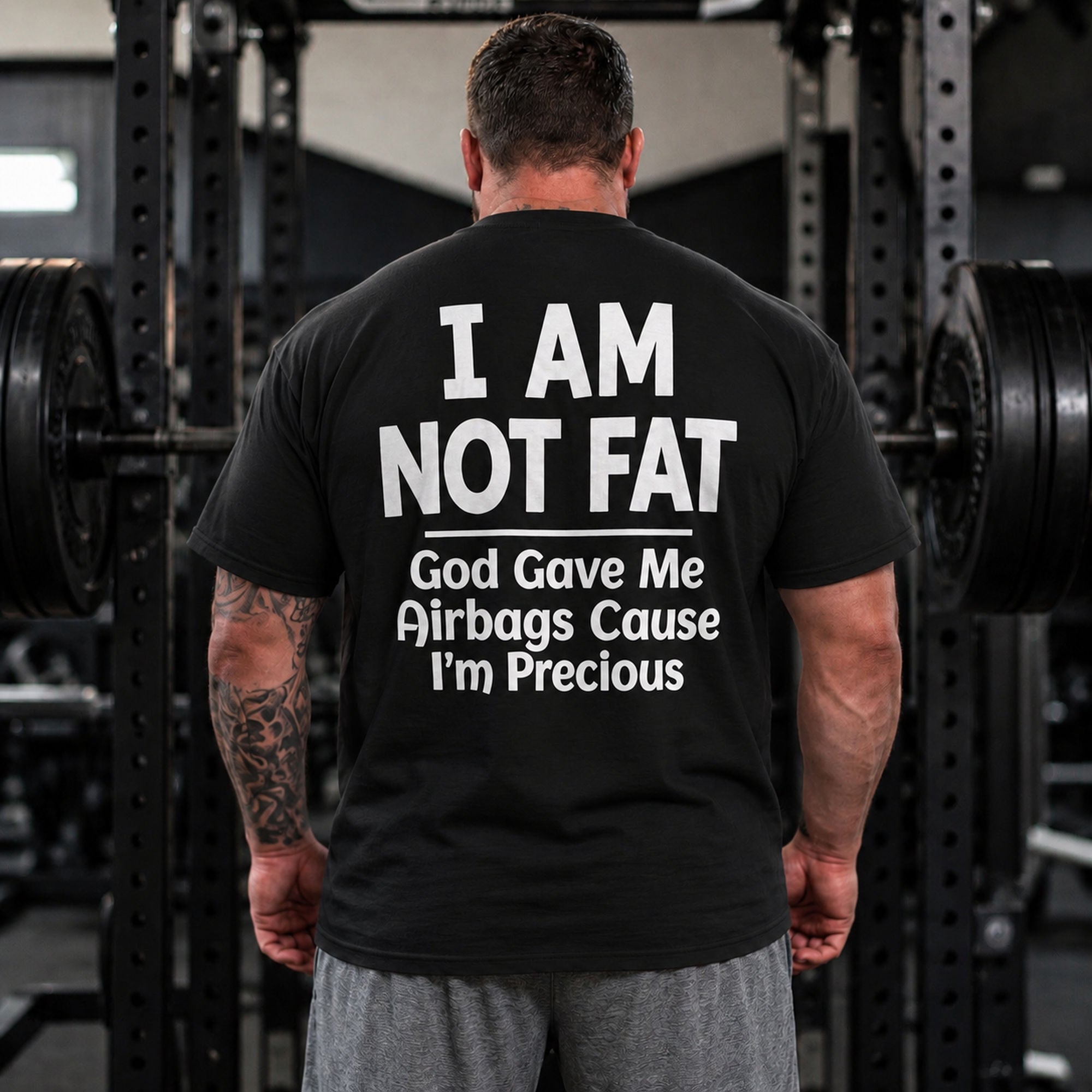 I Am Not Fat I'm Precious funny gym graphic tee black back print male model