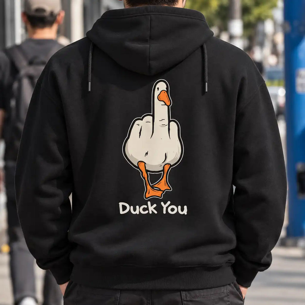 Duck You black hoodie back view with the off-white cartoon duck, orange beak and feet