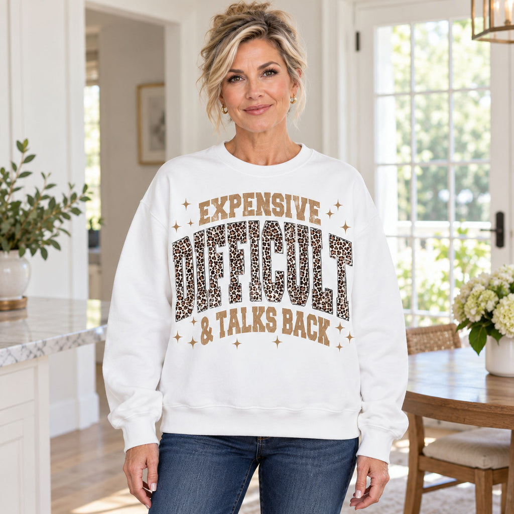 Expensive Difficult and Talks Back leopard lettering white sweatshirt front adult model photo